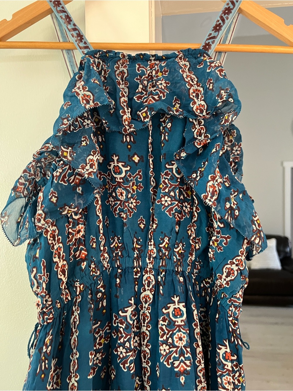 Anthropologie Ruffled Blue Floral Printed Dress Bohemian Style Women’s size S - Picture 6 of 16